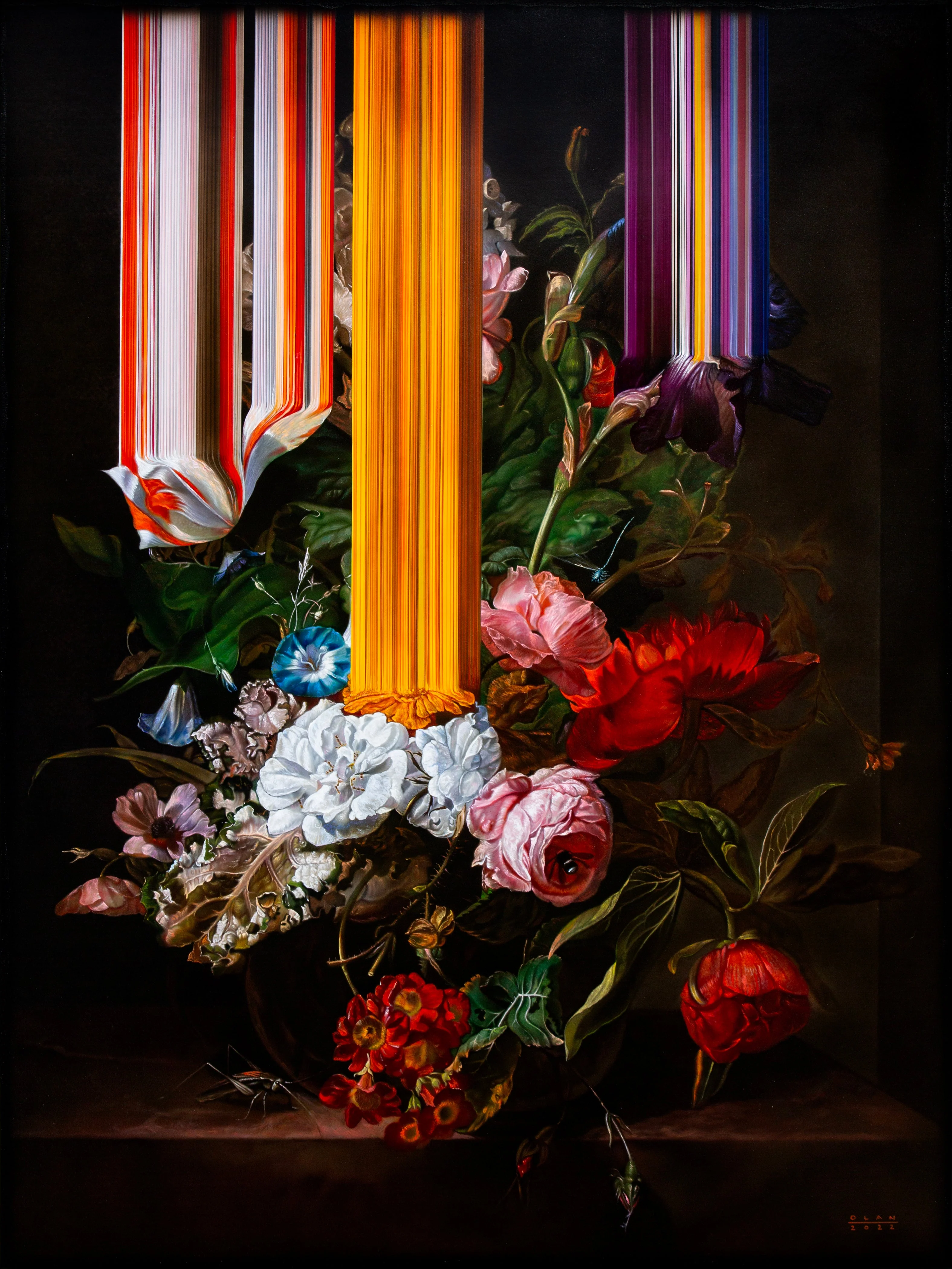 Still life with Flowers in a glass with cricket on a stone ledge